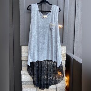 A'Reve Heather Gray High/Low Top with Lace and Bead Detail